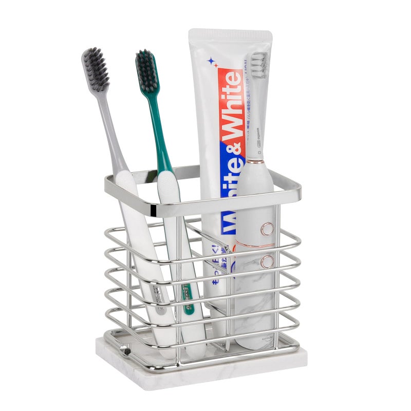 HarJue Toothbrush Holder  Luxurious Metal Toothbrush Toothpaste Holder for Bathroom  Multi-Slots Openwork Design  Bathroom Accessory for Storage and Organizer (Marble Base-2 Slots  Chrome) - Image 1